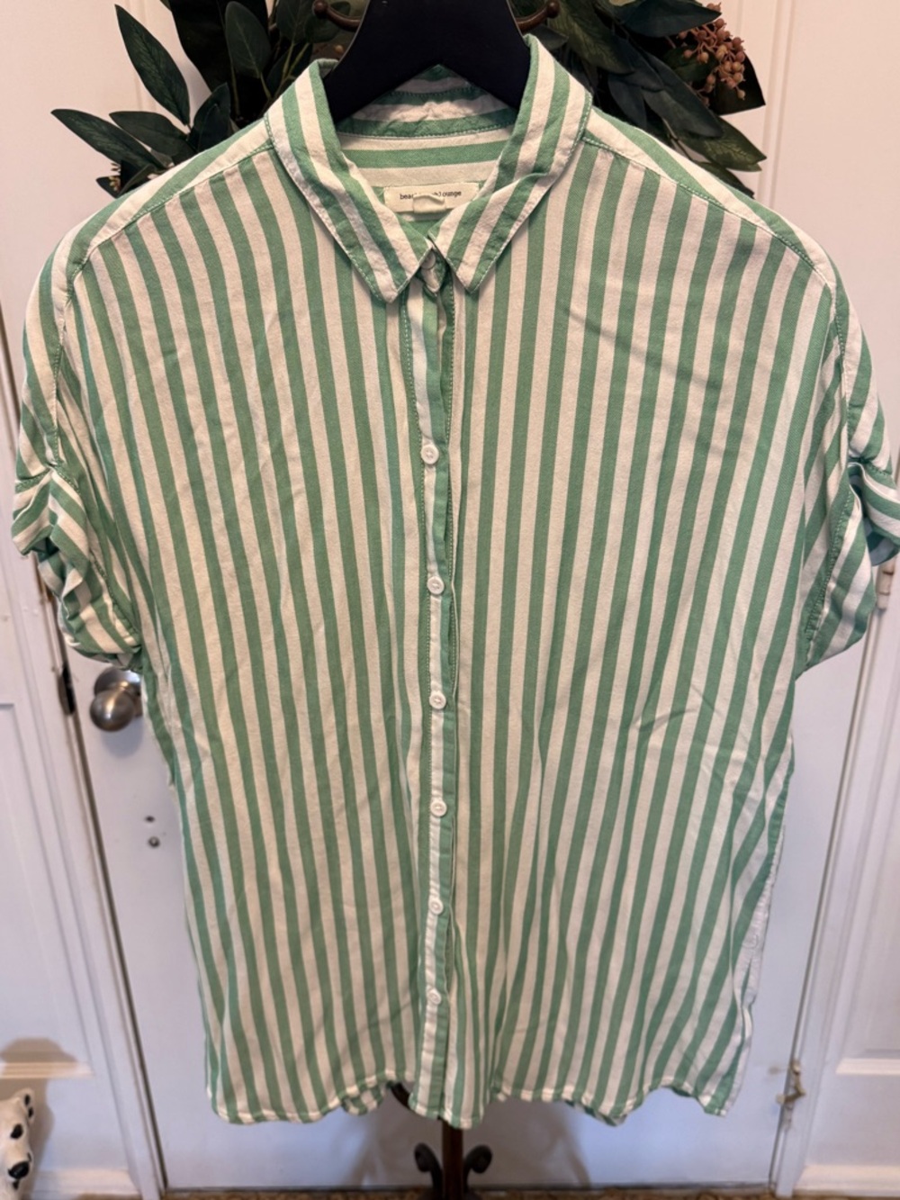 Beachlunchlounge Green & White Vertical Stripe Soft  Button Down Shirt SS M